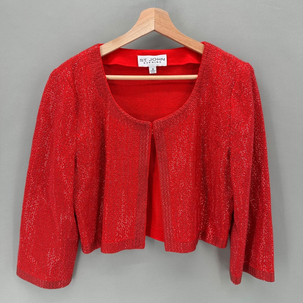 St John Evening Red Santana Knit Beaded Rhinestone Bolero Jacket‎ Shrug Size 12